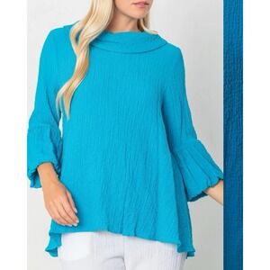 IC Connie K Blue Cowl Neck Ruffle Sleeve Tunic Zip Back Lagenlook Stretch Art XL